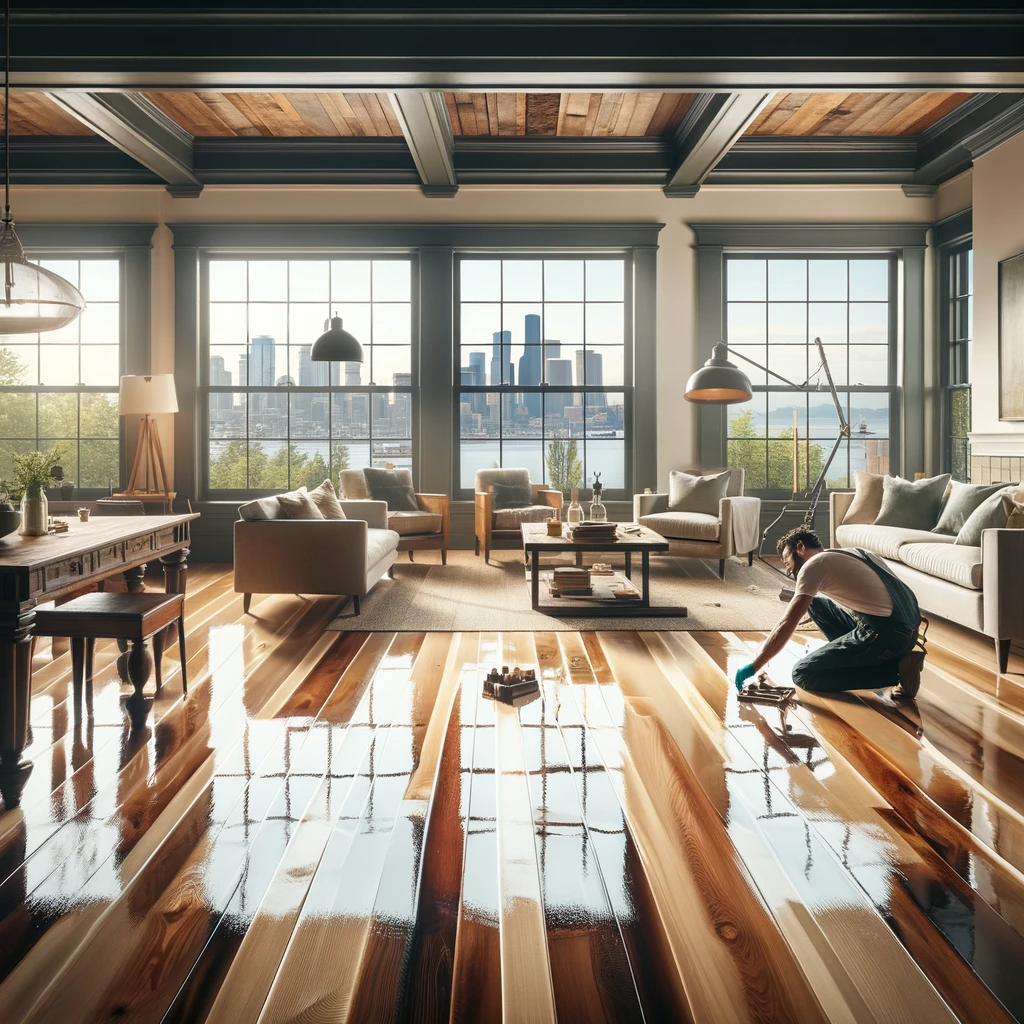 beautiful living room with restored hardwood floors that shine with a clear varnish, reflecting the natural light coming from large, open windows